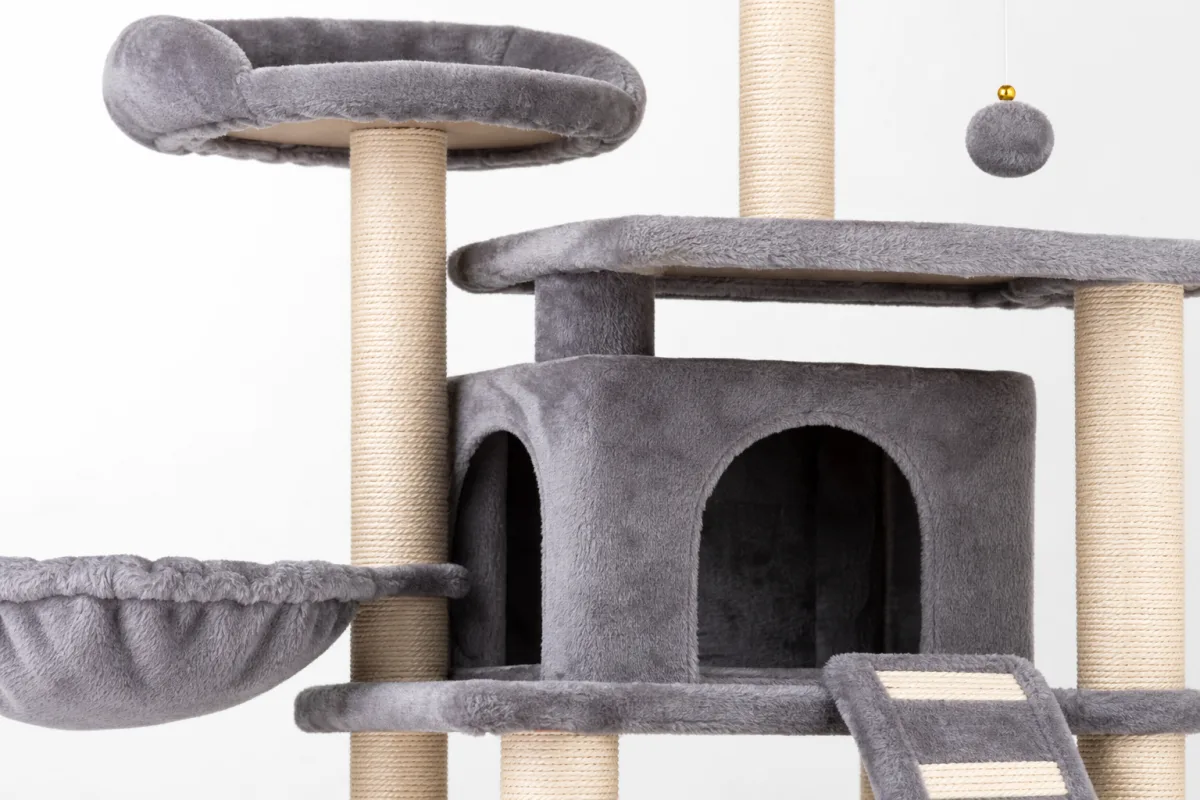 a close-up of a well-maintained cat tree with fresh sisal rope and…