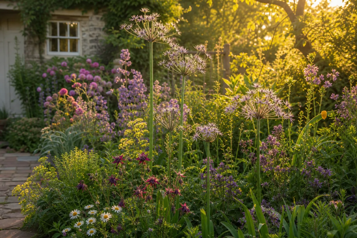 a lush cottage garden border featuring tall Allium siculum stems among perennials,…