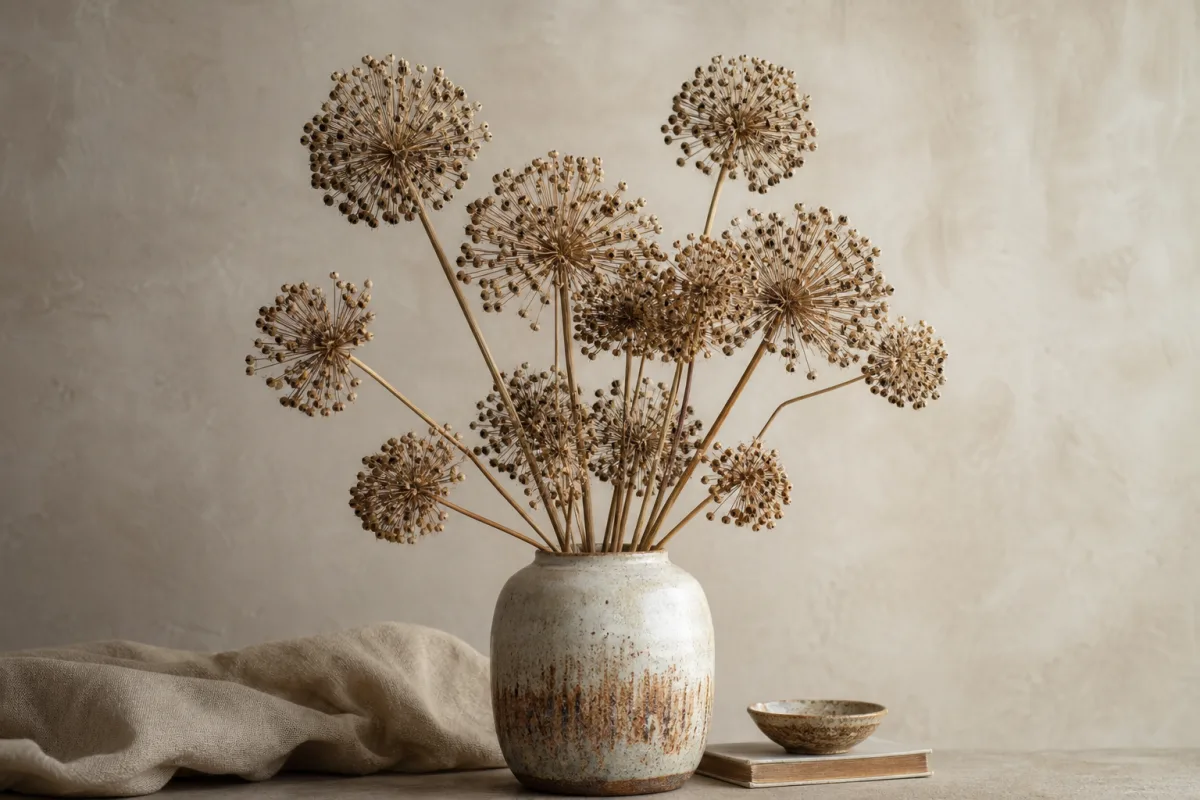 a styled dried flower arrangement featuring Allium siculum seed heads in a…