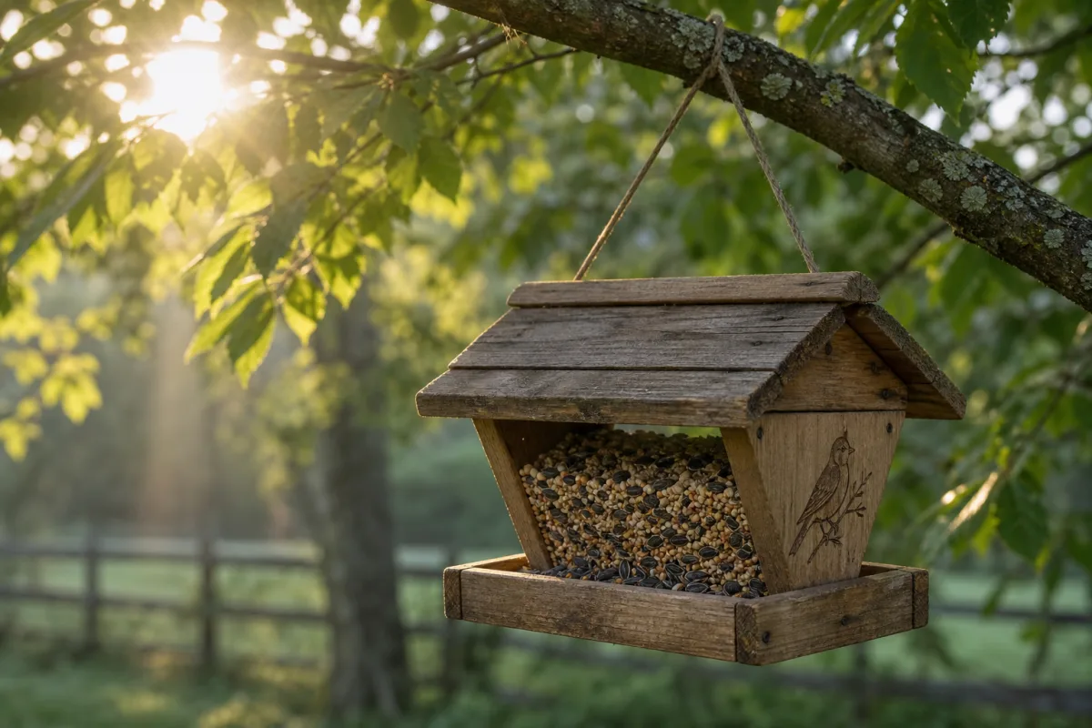 a rustic wooden hopper bird feeder hanging from a tree branch, soft…