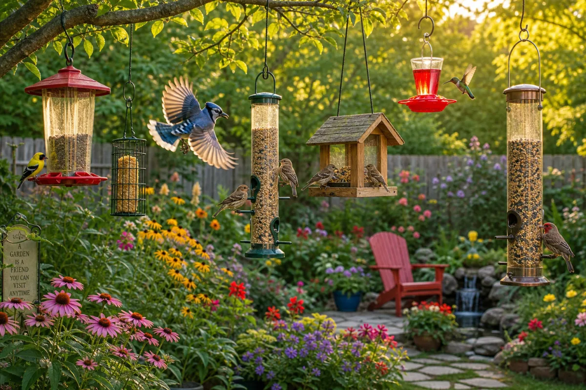 a colorful backyard garden with multiple bird feeders hanging at different heights,…