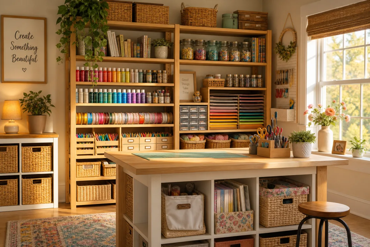 a neatly organized craft room with colorful supplies on wooden shelves, warm…
