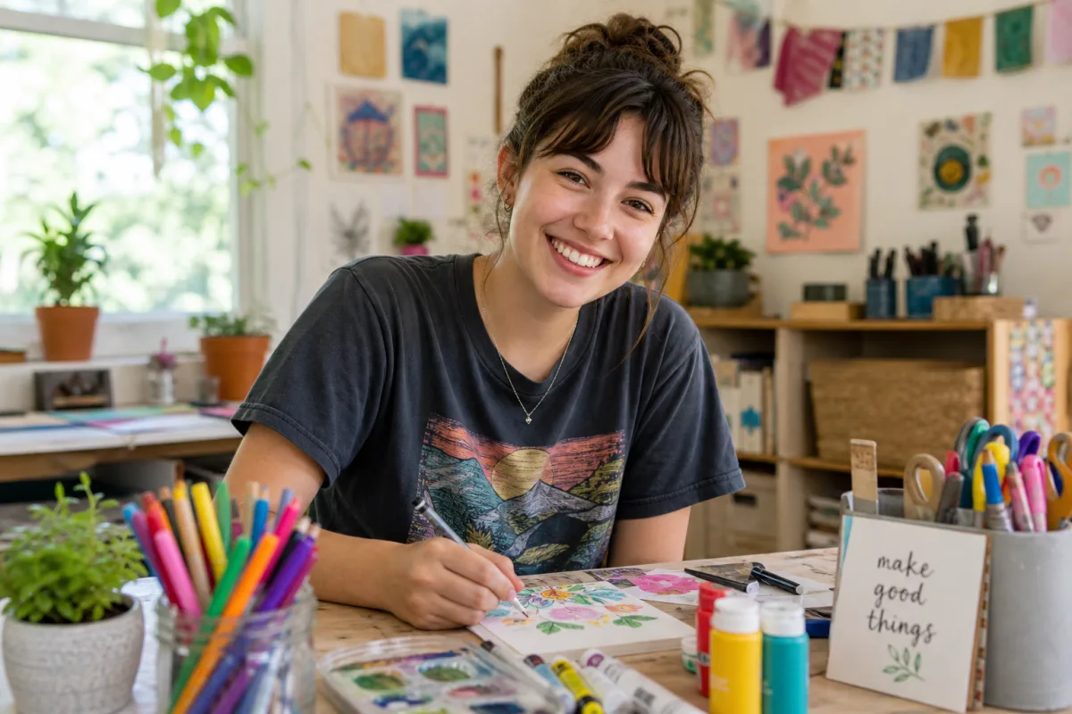 a smiling person wearing a casual t-shirt at a craft table surrounded…