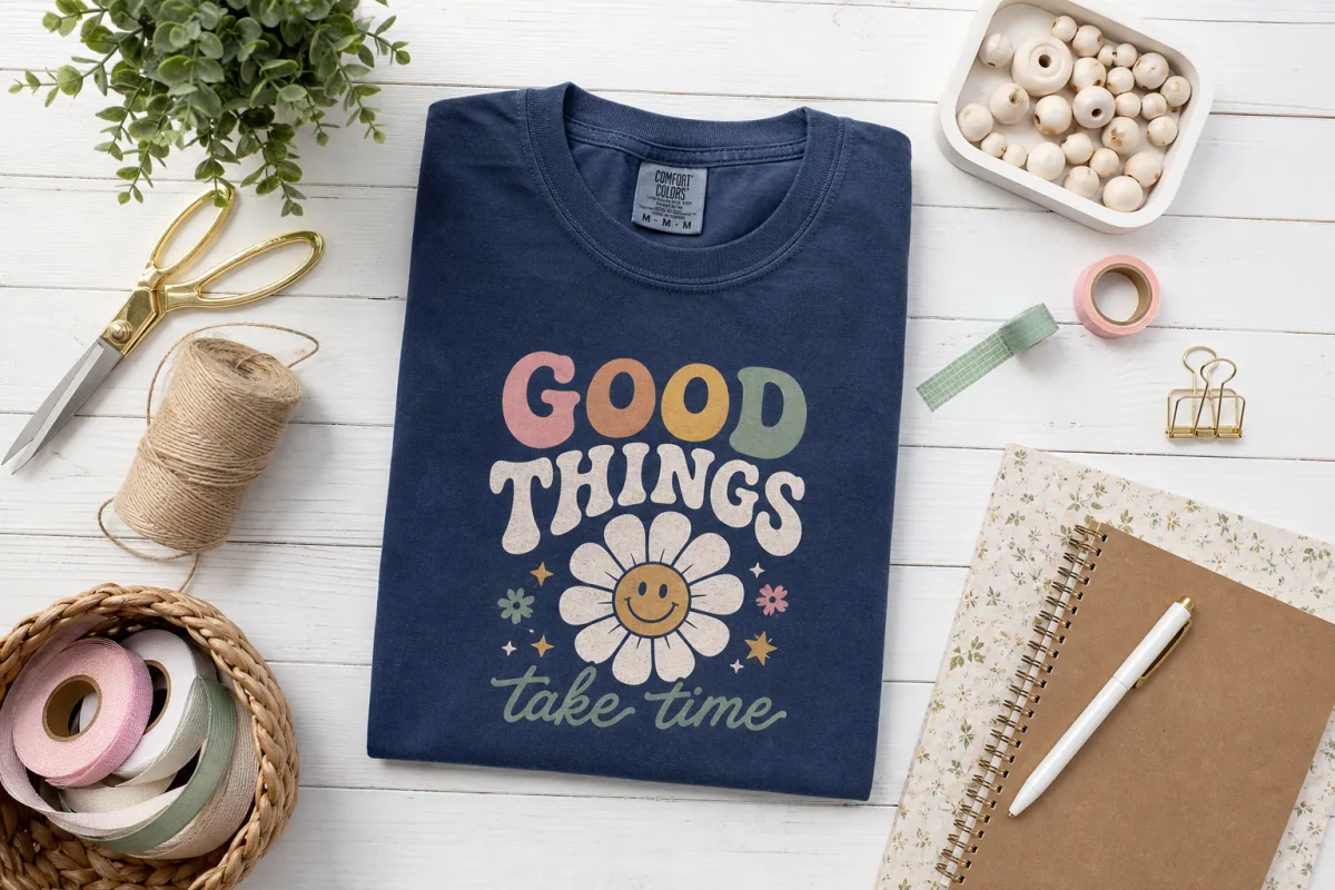 a flat lay of a folded graphic t-shirt surrounded by crafting supplies…