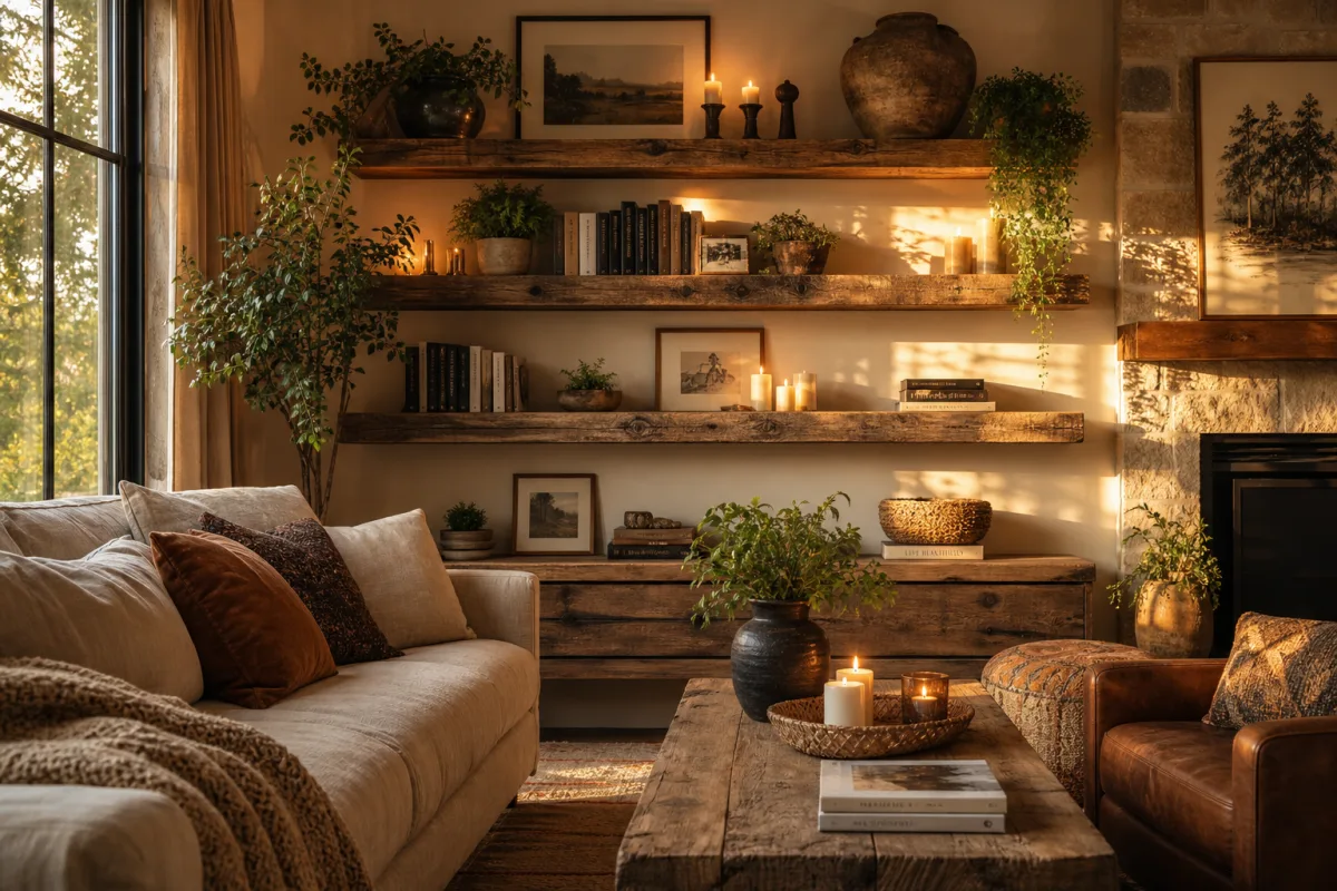 a warm rustic living room with reclaimed wood floating shelves styled with…