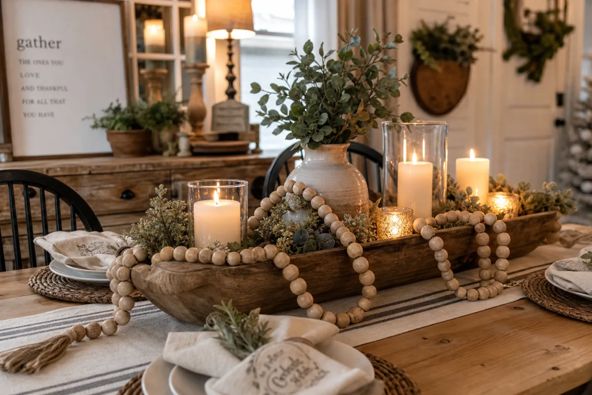 a cozy farmhouse dining table with wood bead garlands draped over a…