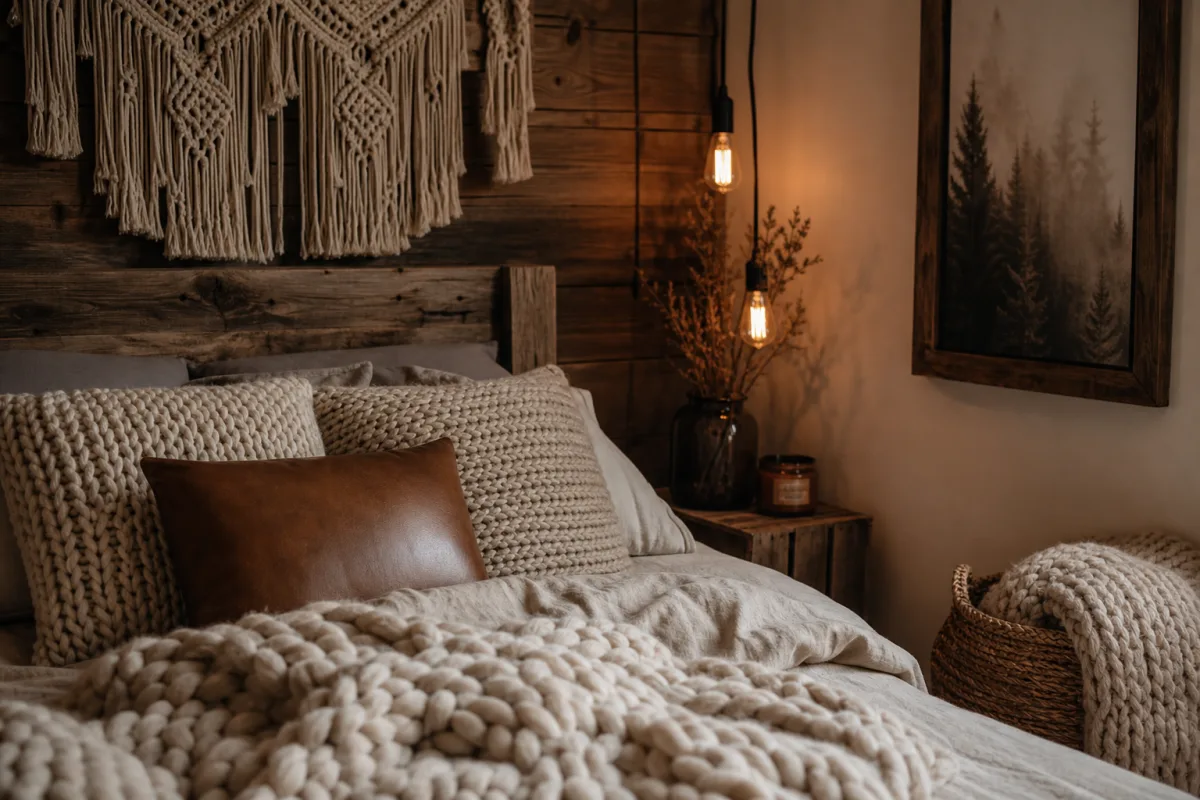 a rustic bedroom corner with chunky knit blankets, macramé wall hanging, and…