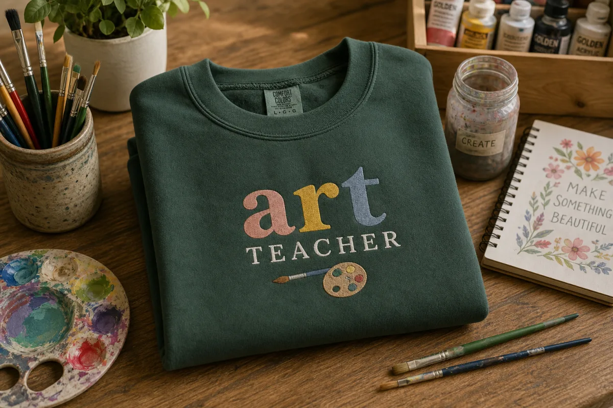 a neatly folded art teacher sweatshirt on a wooden table surrounded by…