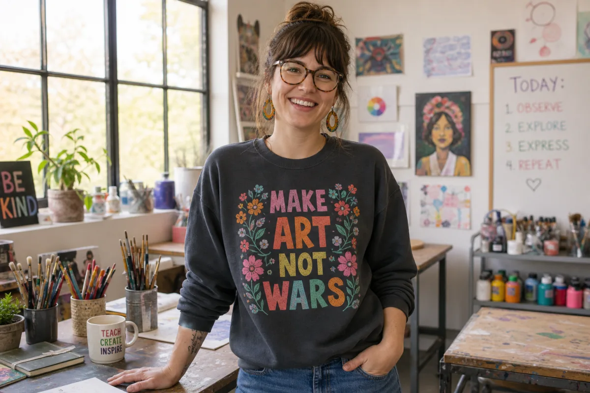 a cheerful art teacher wearing a graphic sweatshirt in a bright studio…