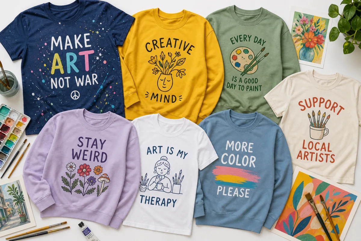a flat-lay arrangement of colorful artist shirts and sweatshirts with paintbrushes and…