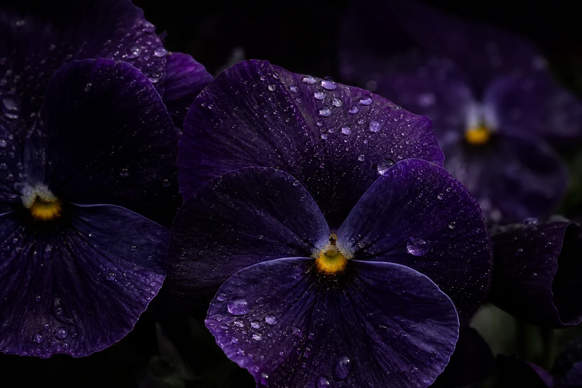 close-up of deep black-purple violet blooms with dewdrops, dramatic low-key natural lighting…