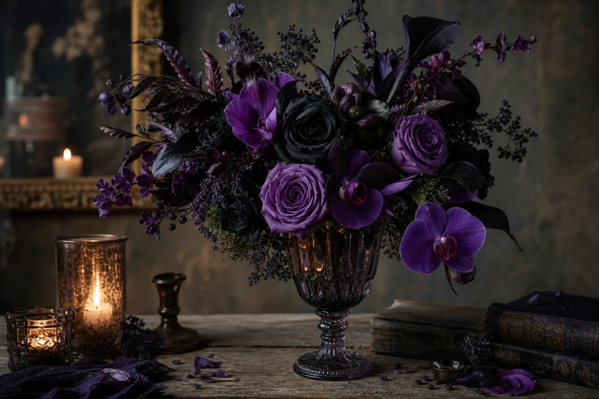 elegant black violet bouquet in antique glass vase on weathered wooden table,…