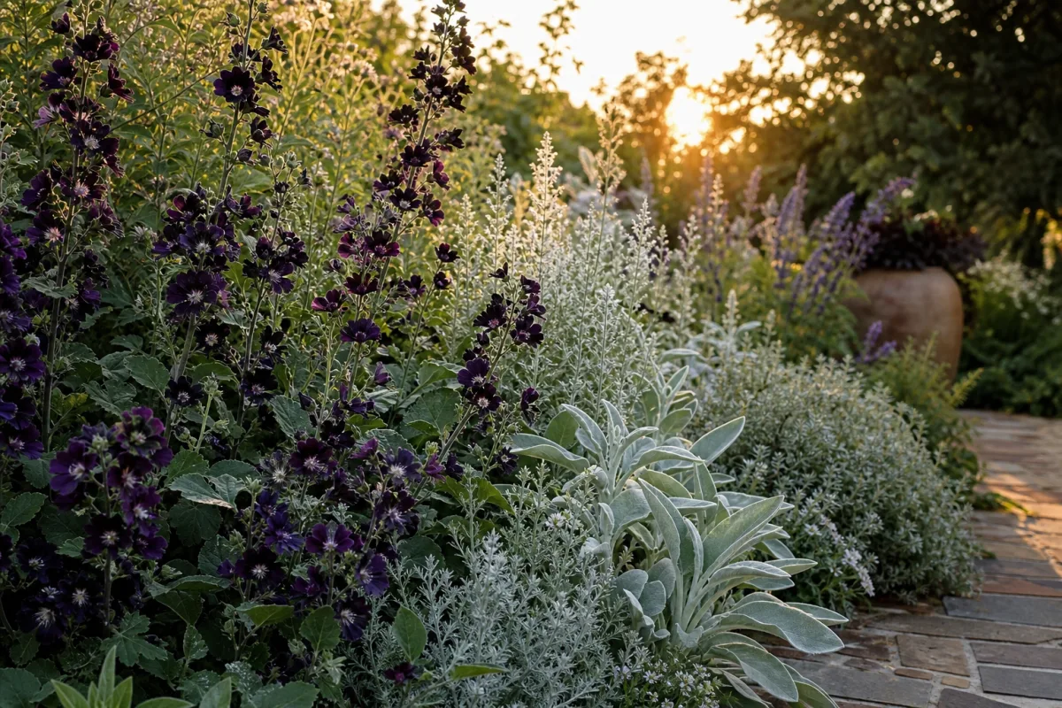 lush garden border featuring black violet clusters alongside silver foliage plants, soft…