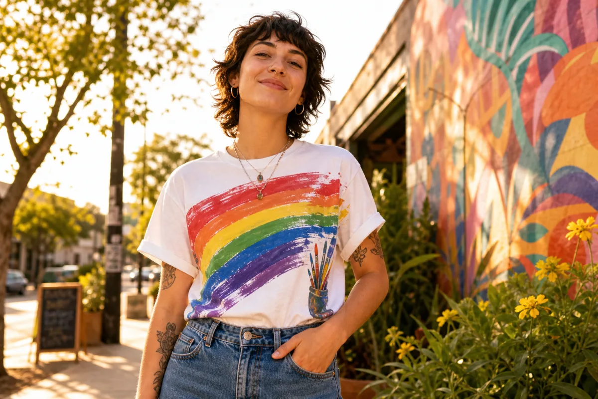 a confident person wearing a colorful rainbow art t-shirt paired with jeans…
