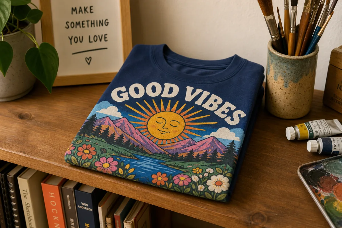 a neatly folded colorful graphic t-shirt on a wooden shelf with art…