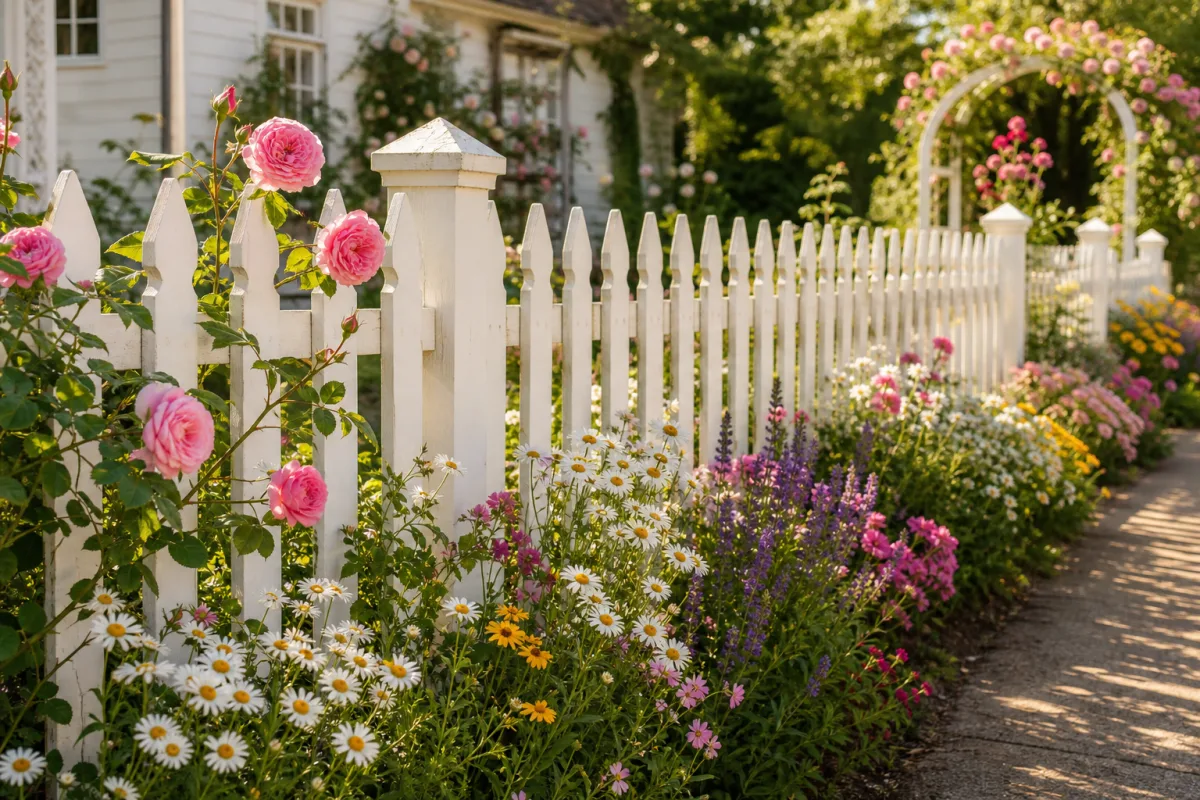 a classic white picket garden fence with blooming cottage flowers, warm afternoon…
