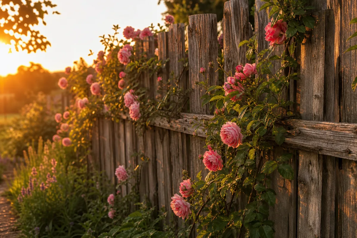 a rustic reclaimed wood garden fence with climbing roses, golden hour light…