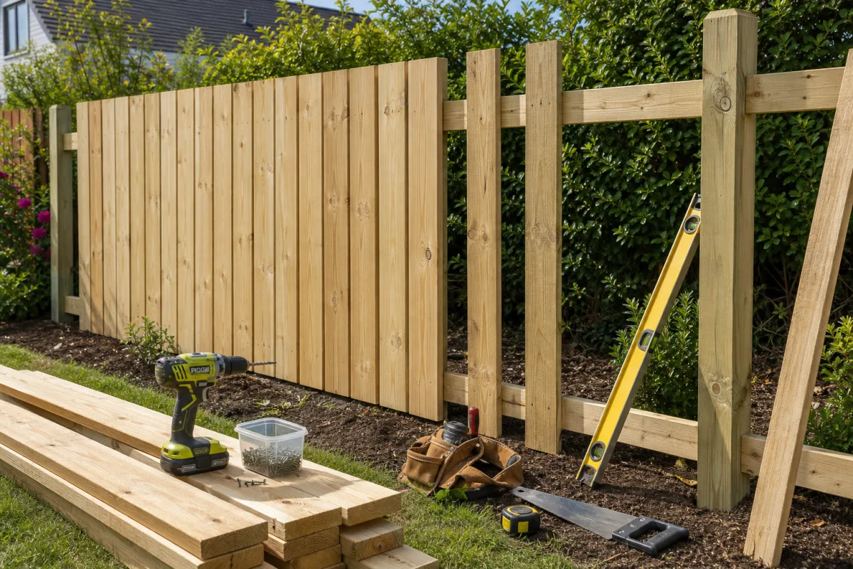 a DIY garden fence project in progress with timber boards and tools,…