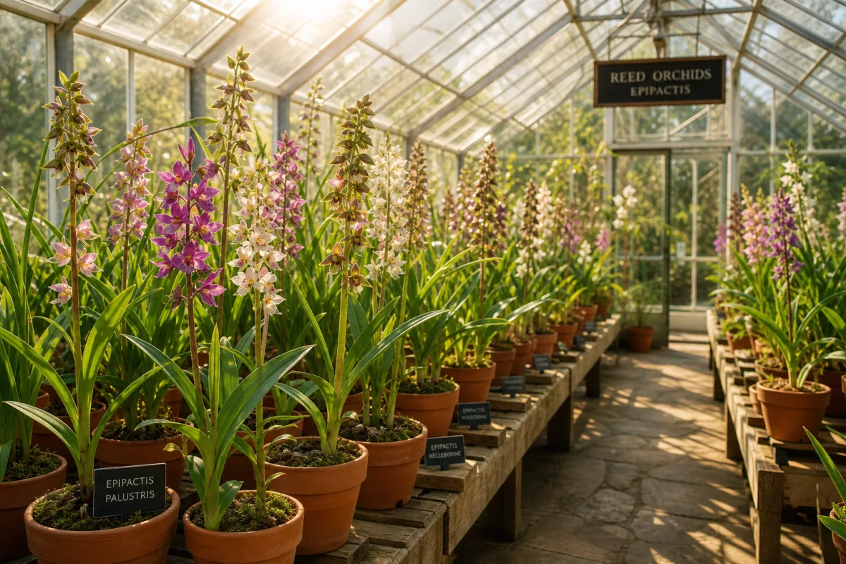 a sunlit greenhouse interior with rows of reed orchids in terracotta pots,…