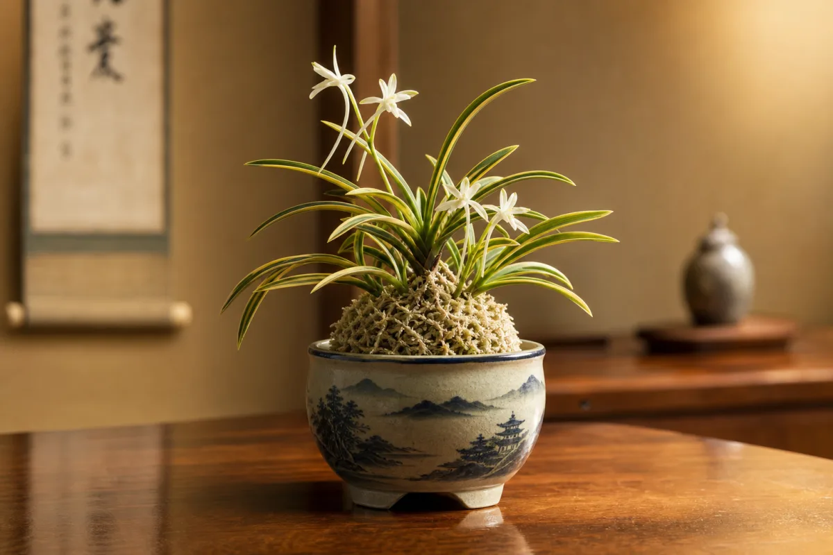 a Japanese-style ceramic pot with a Fuukiran orchid on a polished wooden…