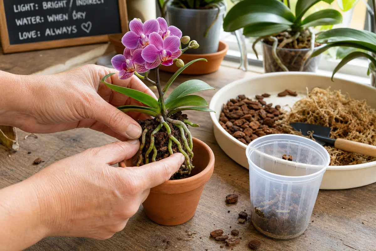 hands carefully repotting a miniature orchid with visible healthy green roots, bright…