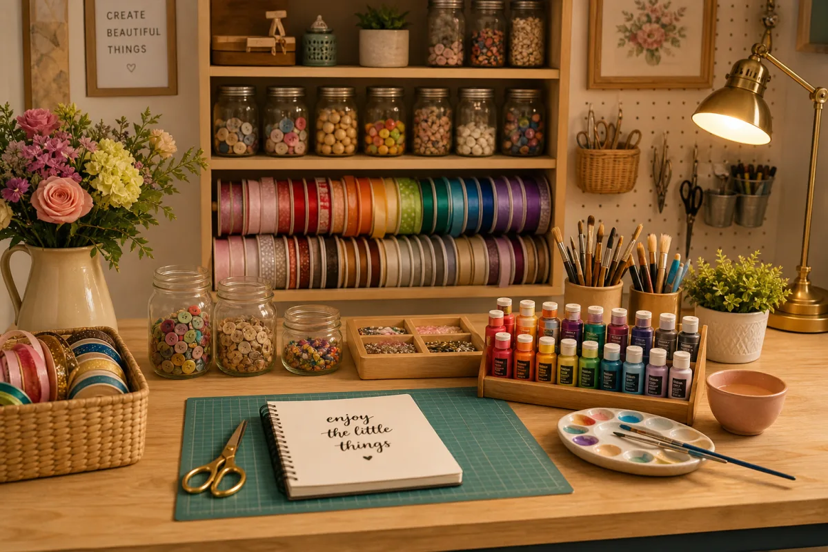 a neatly organized craft table covered with colorful ribbons, jars, paint, and…