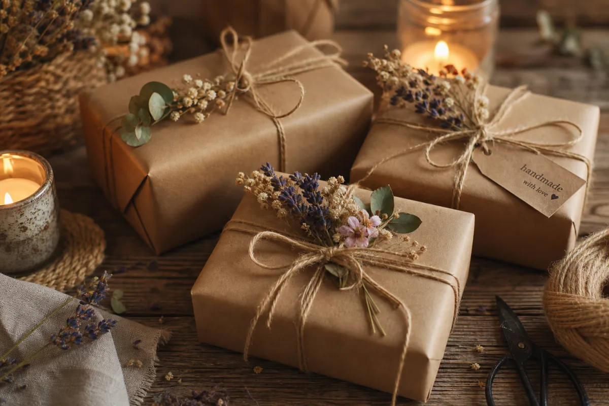 beautifully wrapped handmade gifts with kraft paper, dried flowers, and twine on…