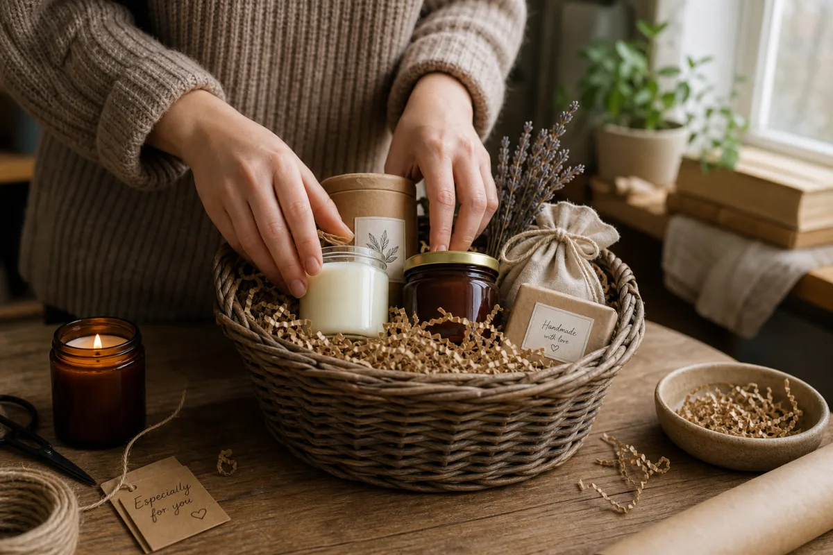 person's hands carefully assembling a handmade gift basket with candles and jars,…