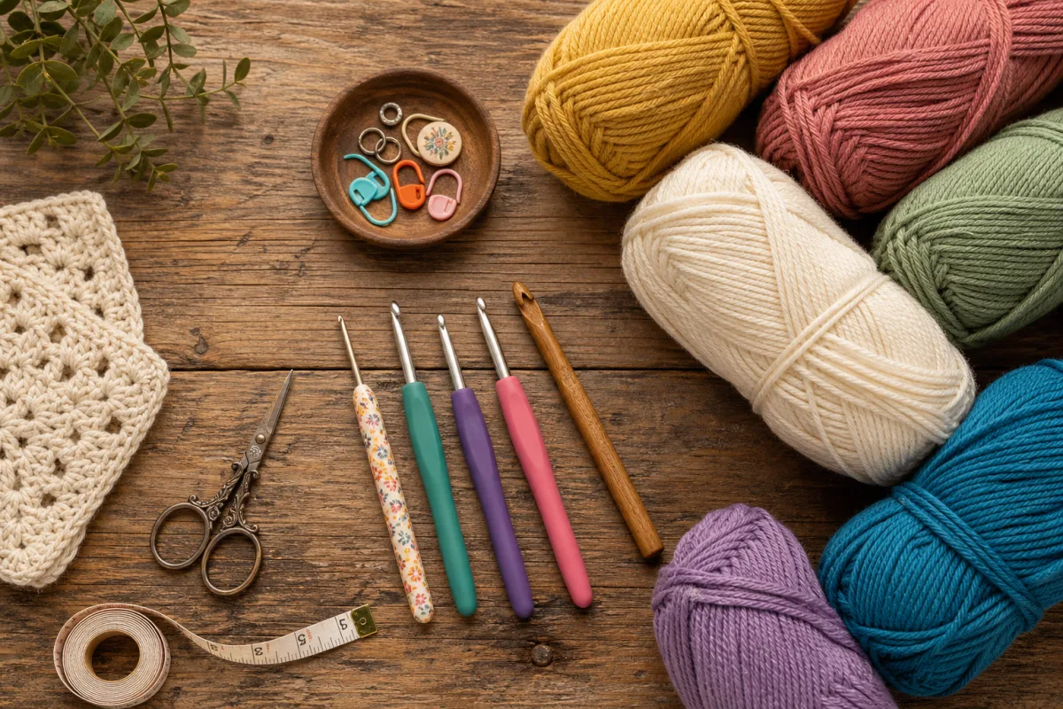 a flat lay of crochet tools and colorful yarn skeins on a…