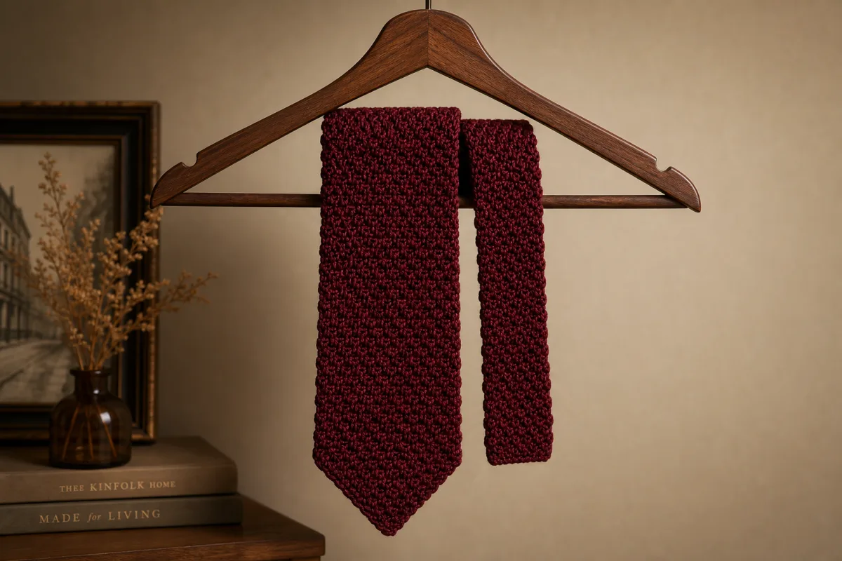 a neatly displayed crocheted tie in deep burgundy draped over a wooden…