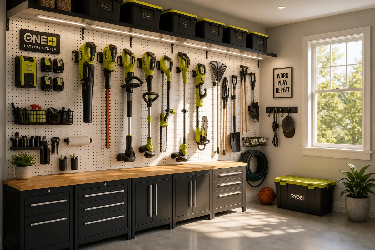 a well-organized garage storage wall with mounted battery-powered outdoor tools, bright LED…