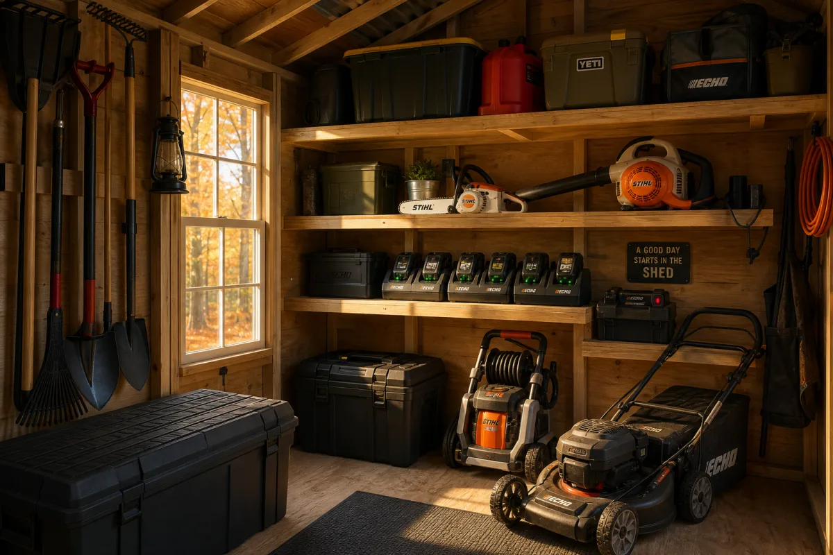 a seasonal outdoor tool storage shed interior with organized shelves, battery chargers,…
