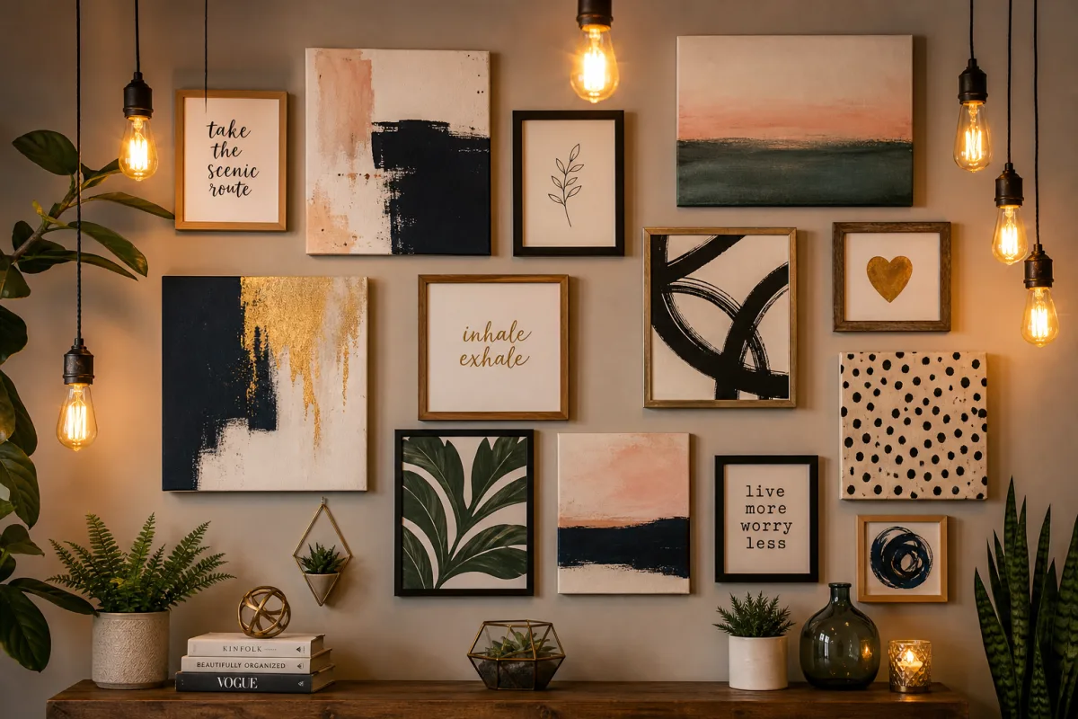 a stylish gallery wall with various DIY canvas art pieces in mismatched…
