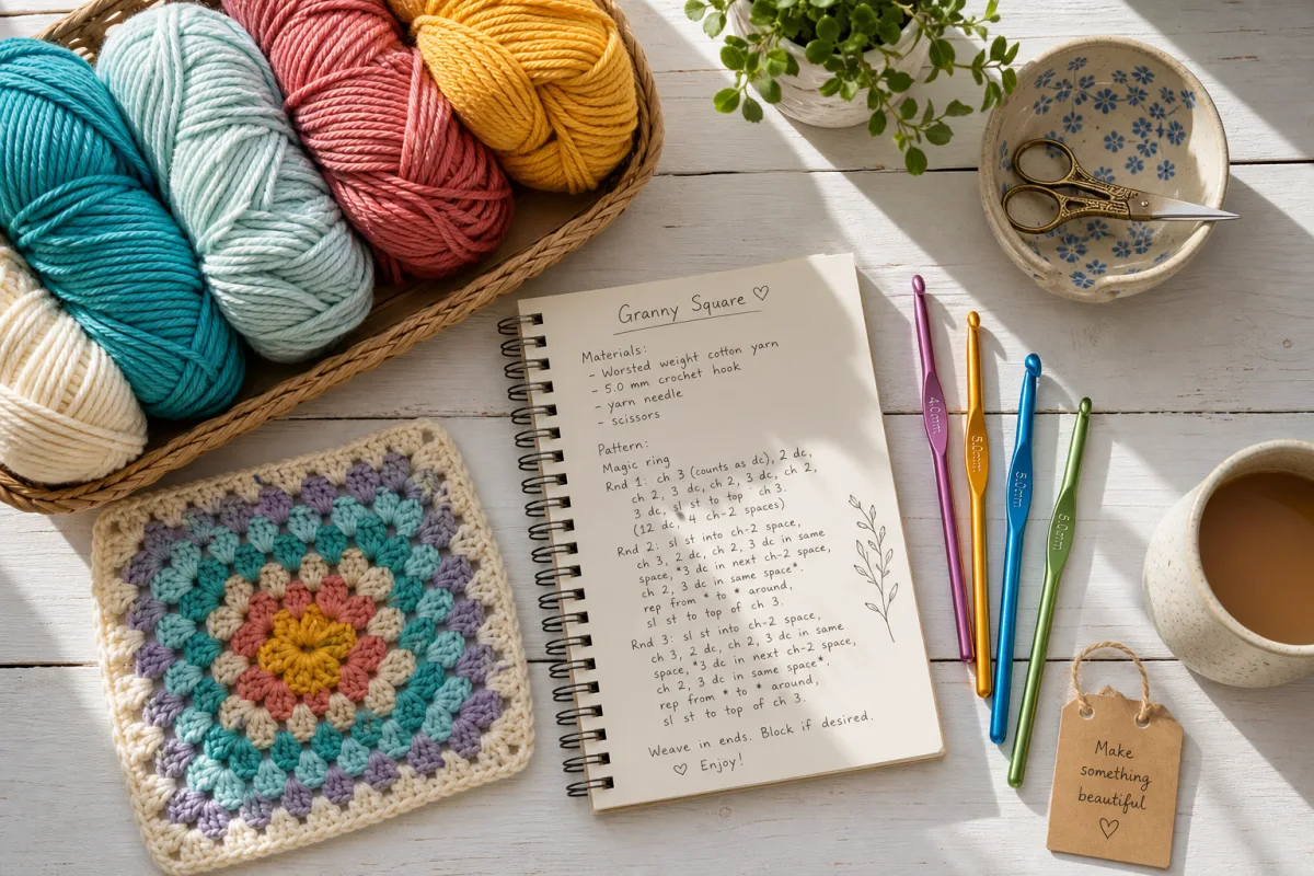 flat lay of colorful cotton yarn skeins, crochet hooks, and pattern notes…