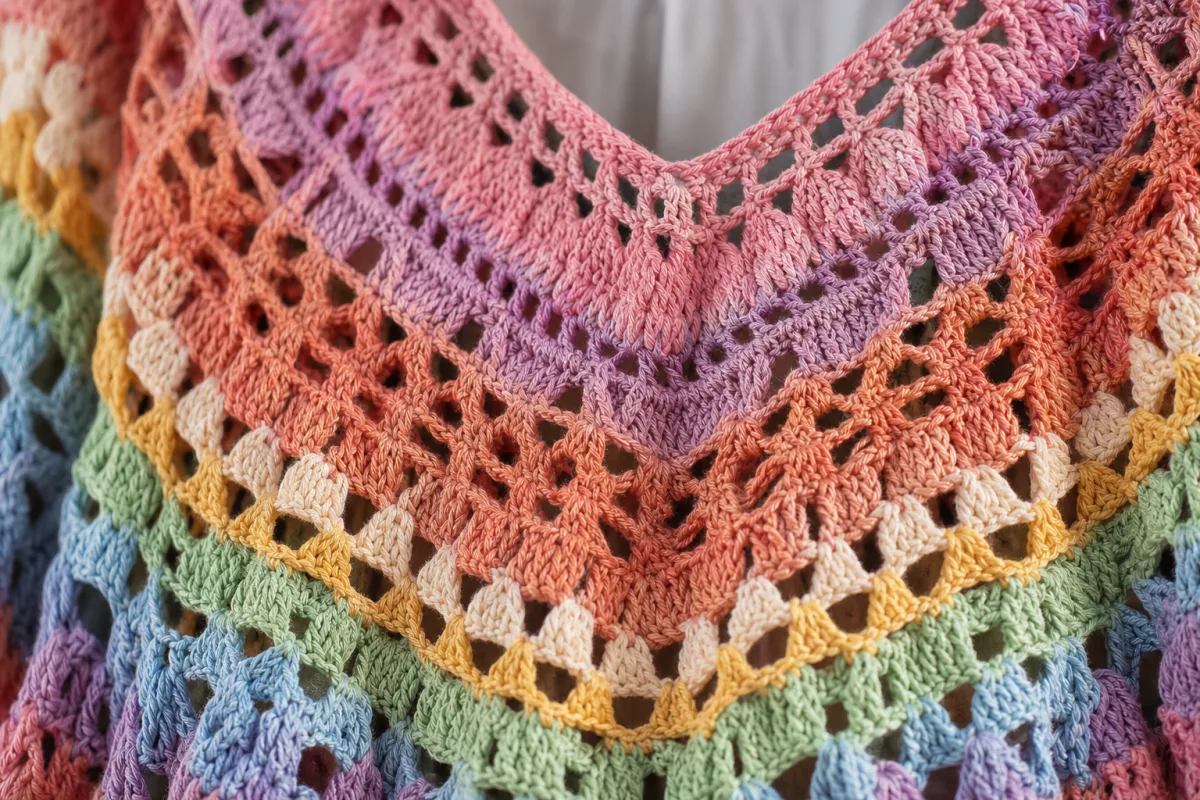 a close-up of intricate crochet stitch detail on a colorful summer dress,…