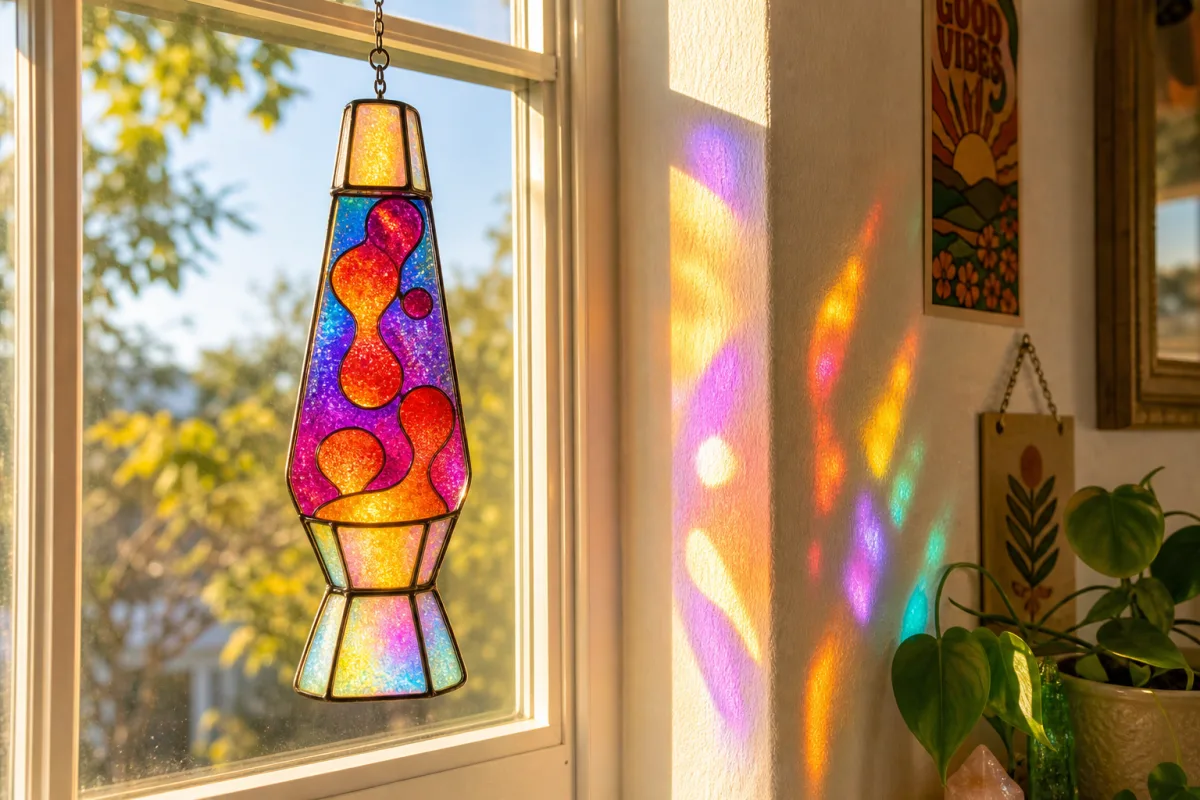 a colorful lava lamp suncatcher hanging in a sunlit window casting vibrant…