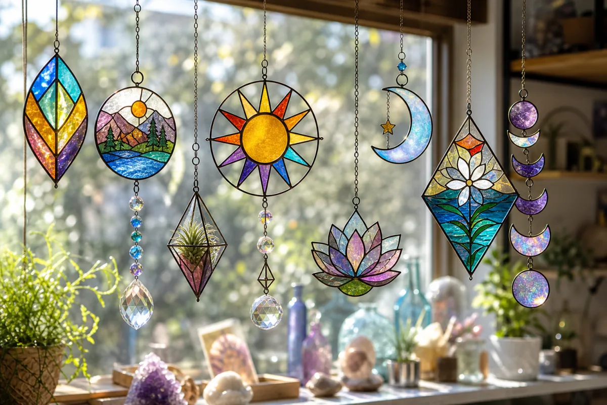 multiple colorful suncatchers hanging at varying heights in a bright studio window,…