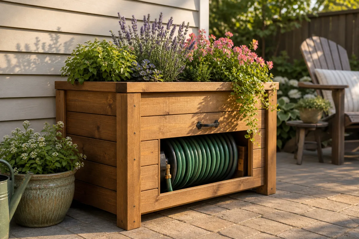 a wooden planter box with hose storage on a sunlit backyard patio,…