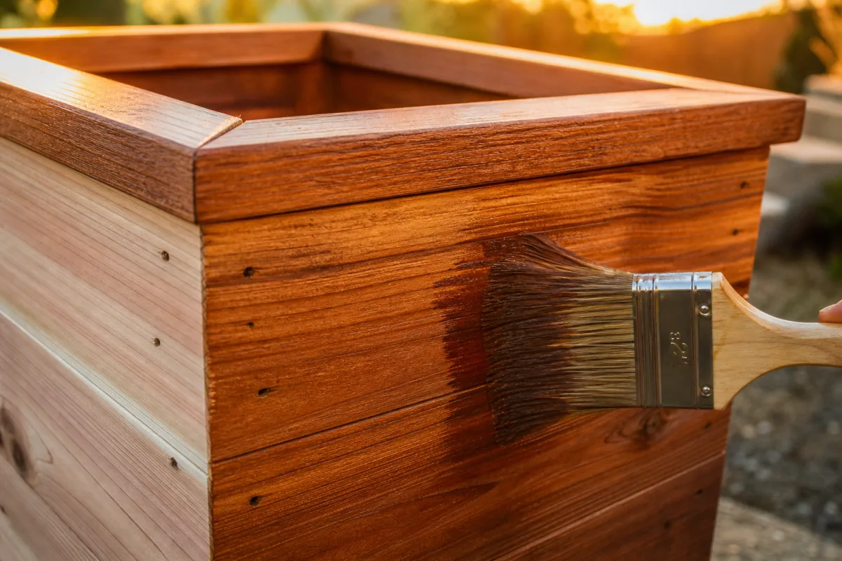 close-up of a cedar planter being stained with a brush outdoors, golden…
