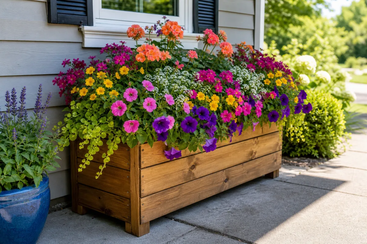 a finished DIY wooden planter overflowing with colorful flowers beside a house…