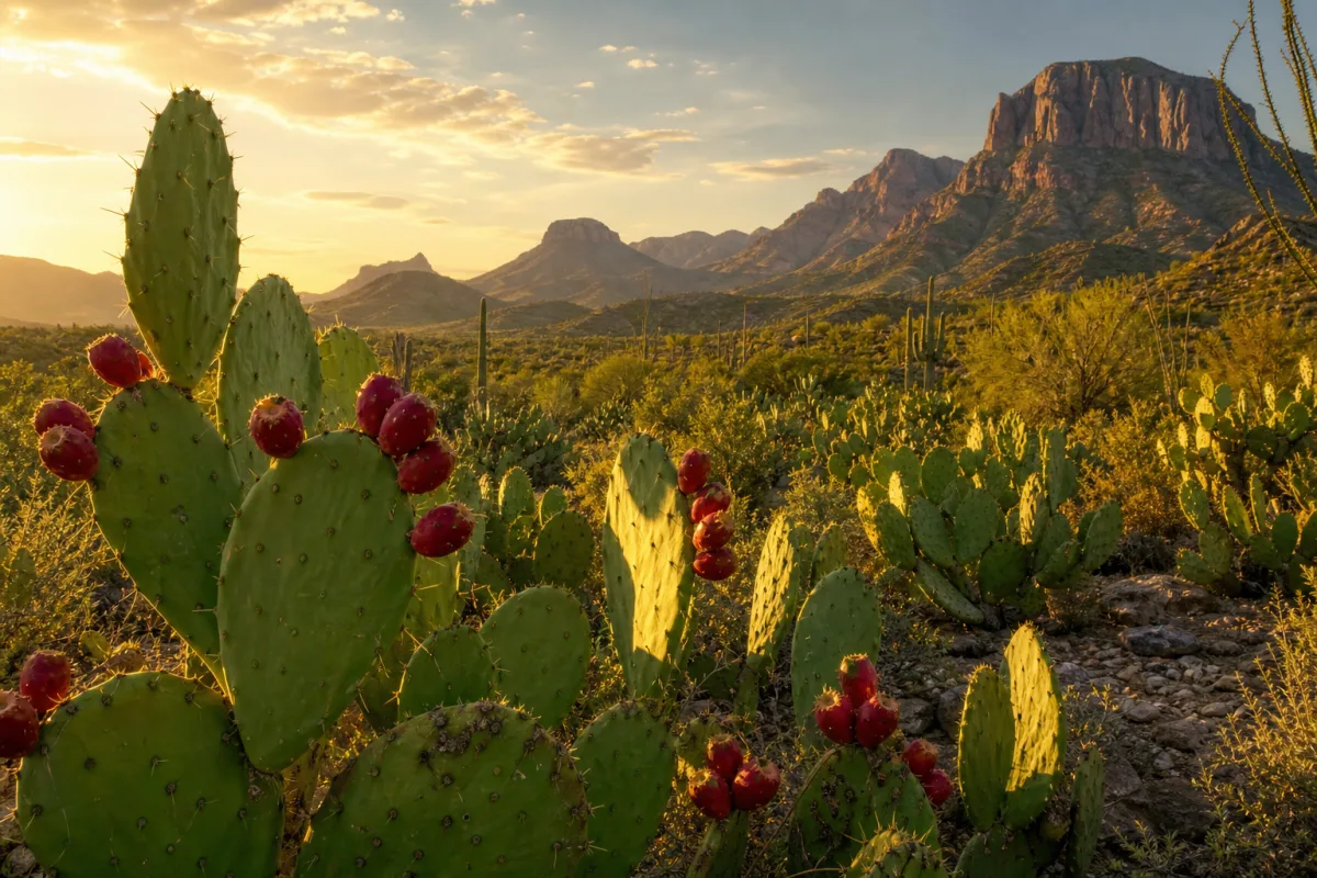 a vast sun-drenched Mexican desert landscape with towering green nopal cacti and…