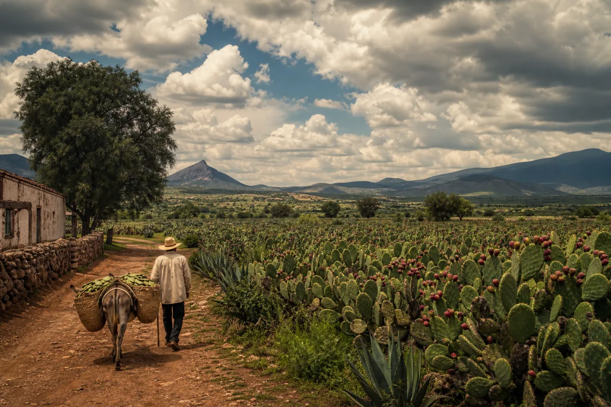 a traditional Mexican rural scene with nopal fields stretching to the horizon…