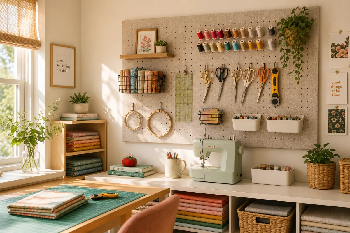 a bright craft room with a fabric covered pegboard on the wall,…