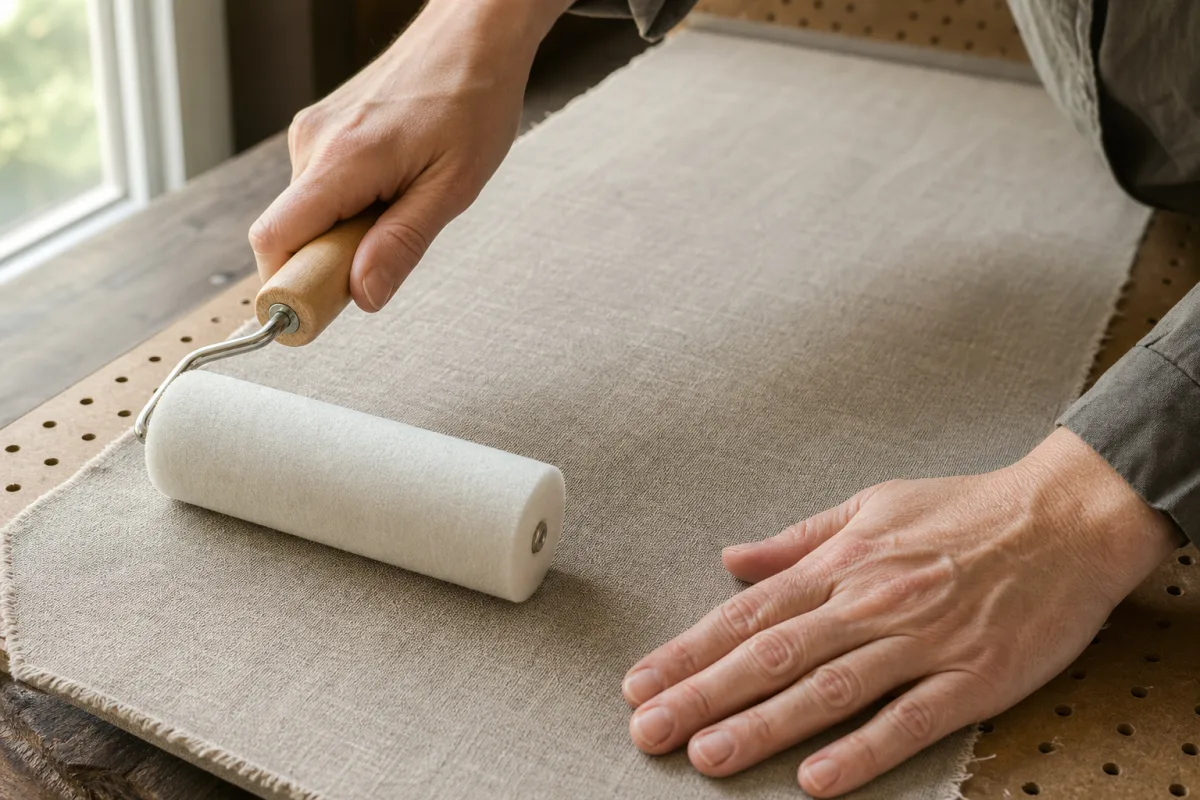 a close-up of hands smoothing linen fabric over a pegboard with a…