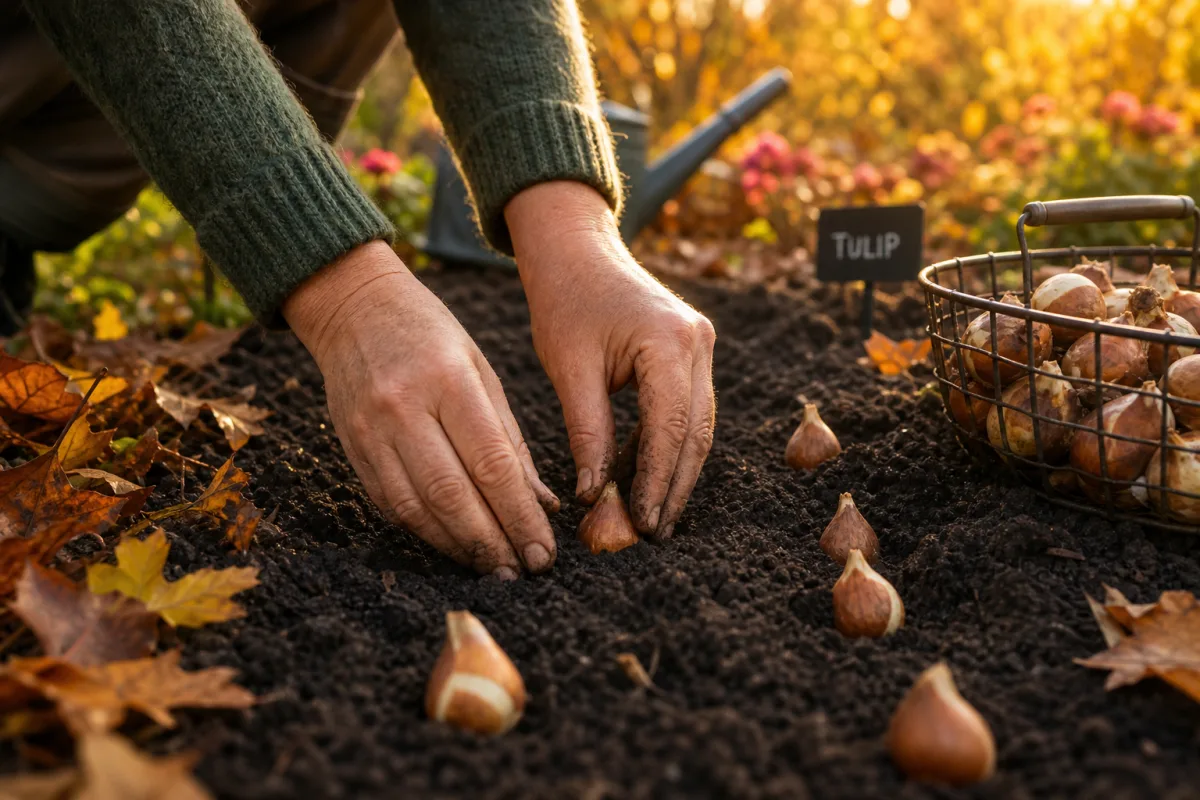 a gardener's hands pressing tulip bulbs into rich dark soil in a…