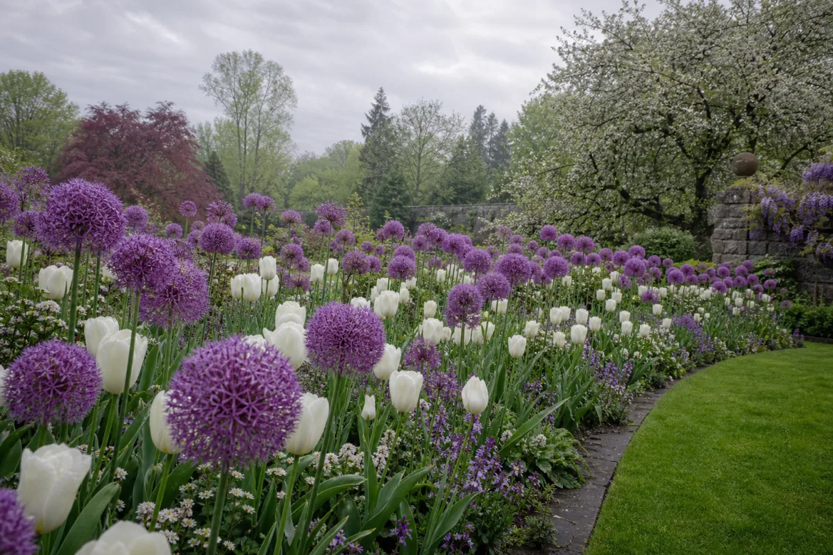 a sweeping spring garden bed filled with purple alliums and white tulips…