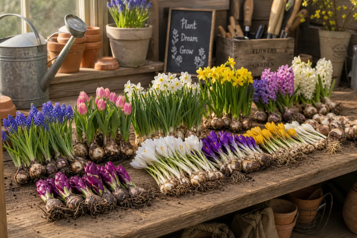 rows of colorful spring bulbs laid out on a wooden potting bench…