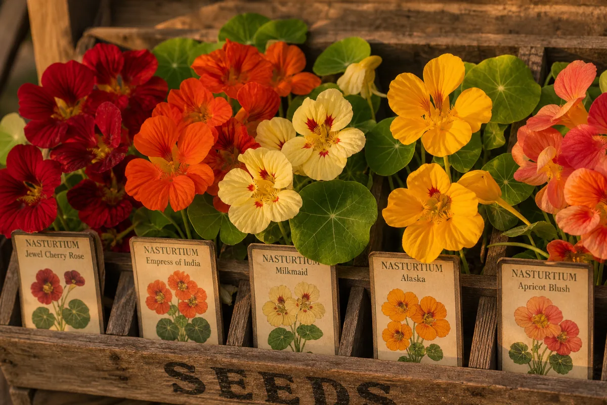 a close-up of colorful nasturtium varieties in a rustic wooden seed display,…