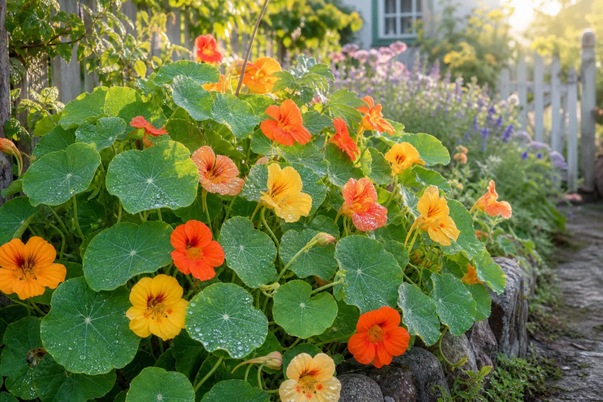 lush nasturtium plants growing in a sunny cottage garden bed, soft morning…