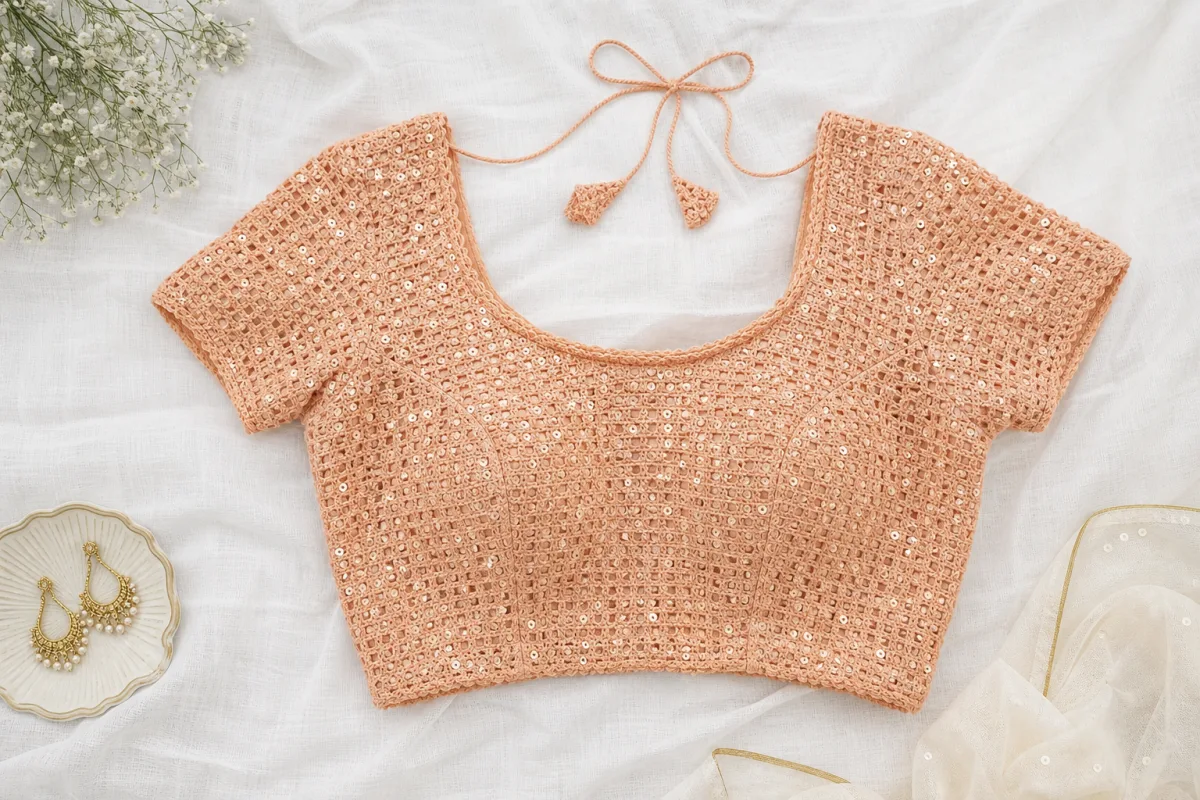 an apricot crochet sequin blouse laid flat on white linen, soft diffused…